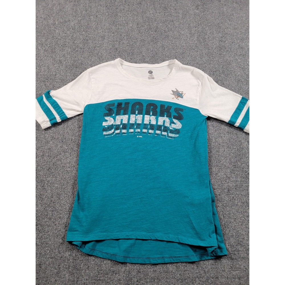 San Jose Sharks Shirt Womens Medium Teal White NHL Hockey 3/4 Sleeve 100% Cotton